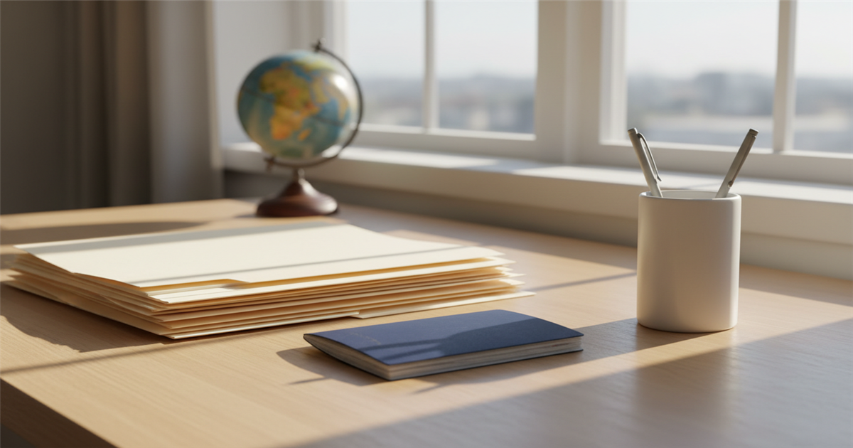 A calm desk by a bright window with a stack of blank folders, a passport-sized booklet closed face down, an upright pen cup, and a globe in soft focus.