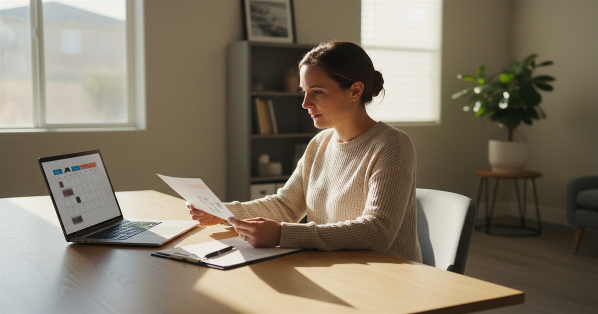 A notary in a bright home office comparing a printed appointment sheet to a calendar beside a pen and a neat stack of papers.