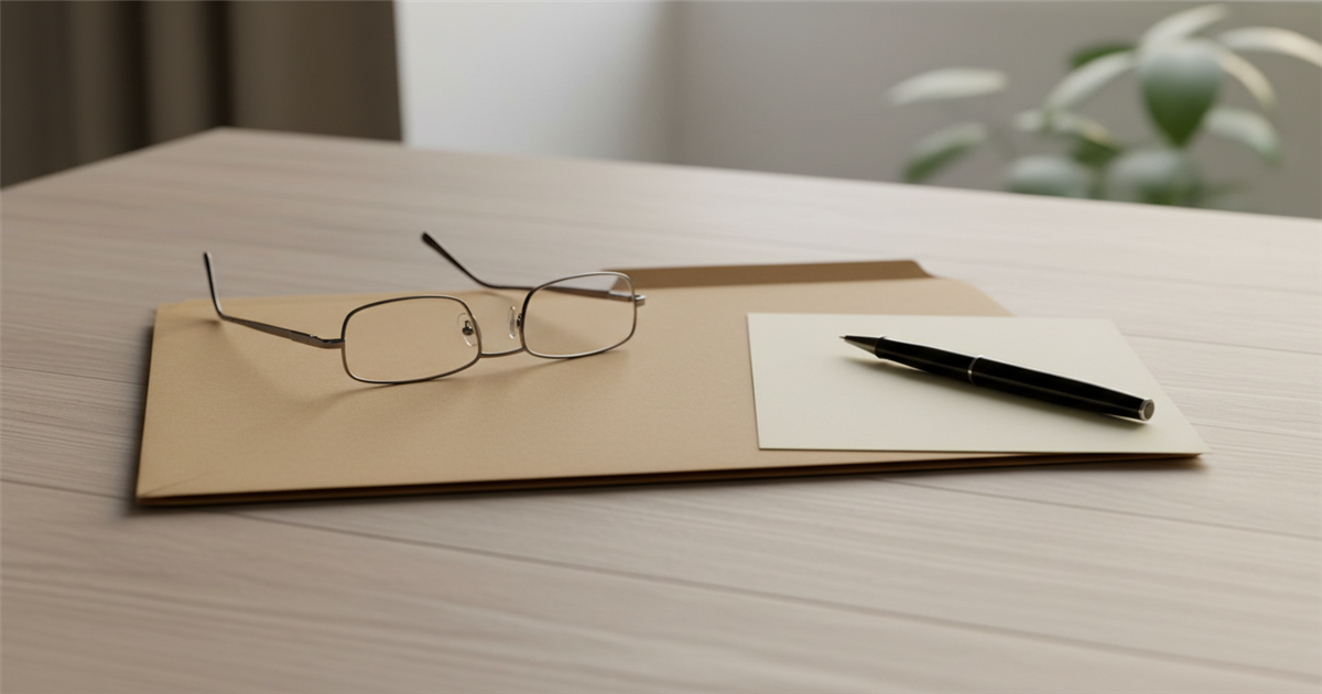 A closed manila folder, a black pen, reading glasses, and a short stack of blank paper on a clean wooden desk beside a sunlit window.