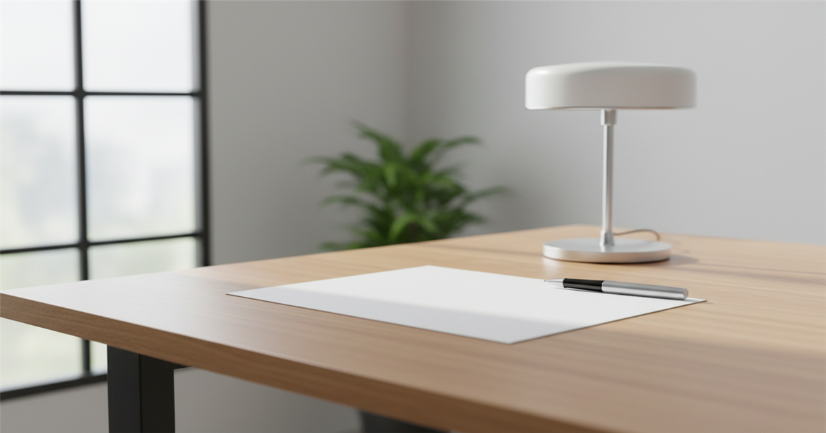 A bright, minimal home-office table with a single sheet of paper sitting beside a ballpoint pen and a small lamp, with soft natural light from a nearby window.