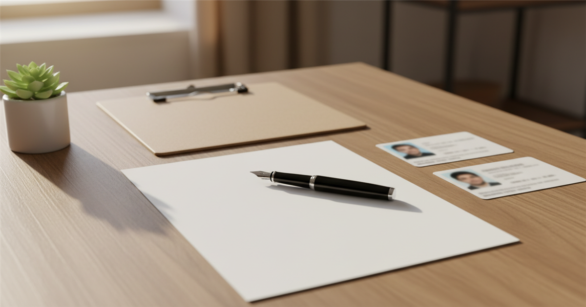 A tidy home-office desk with a paper document, two forms of photo ID, a notepad and pen, and a small potted plant under soft natural window light.
