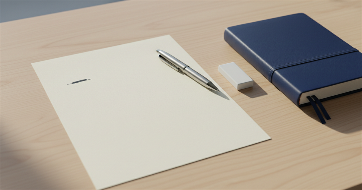 A tidy desk with a corrected paper, a neat line through a small typo, and an ink pen and eraser resting nearby in soft daylight, suggesting that an error has been neatly set right.