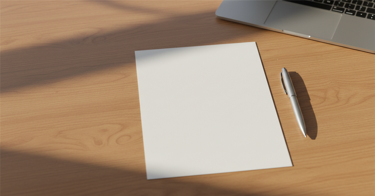 A clean wooden desk with a neat paper document, a ballpoint pen, and a closed laptop, with soft daylight coming through a window in the background.