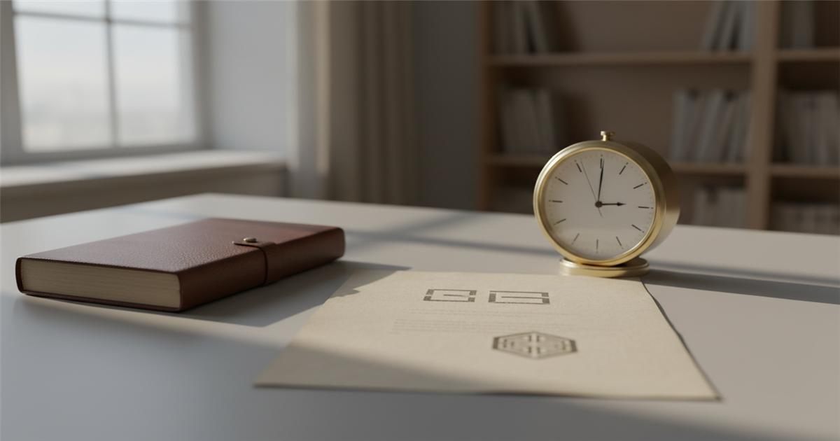 A tidy workspace with a signed paper, a clock, and a closed journal near soft window light, suggesting a document that remains valid and trustworthy over time.