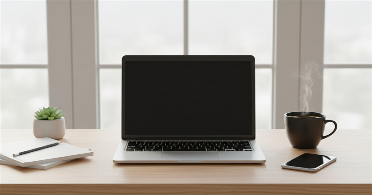 A modern home office desk with an open laptop facing a window, a cup of coffee beside the keyboard, and a smartphone nearby on the lightweight wooden surface.