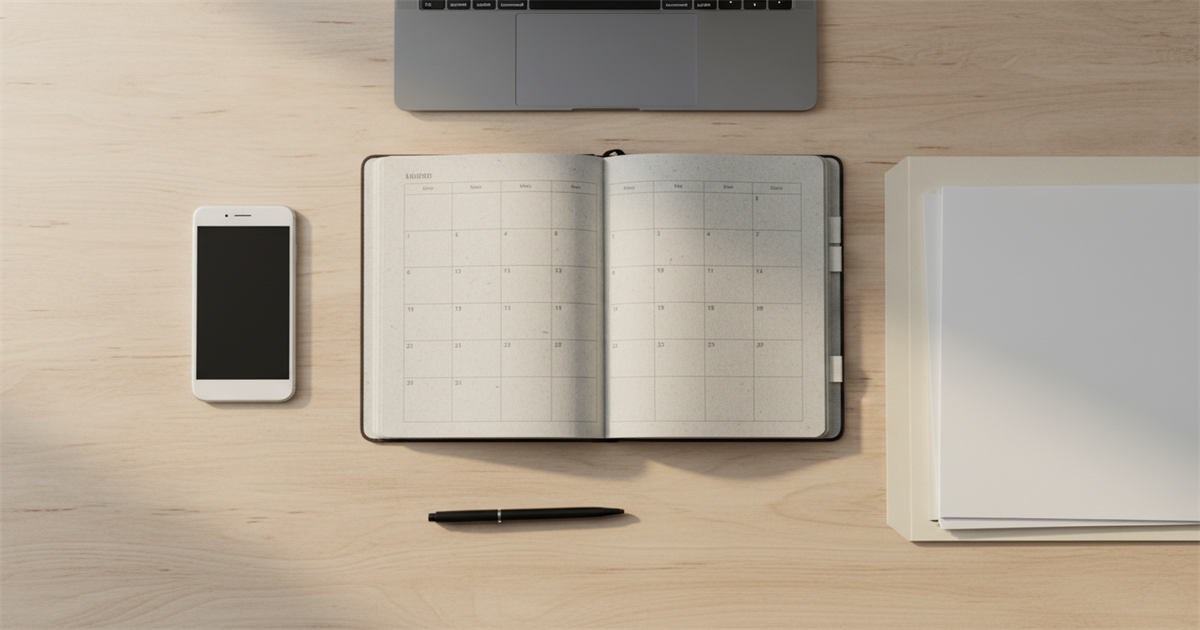 A smartphone showing a calendar beside a laptop and a paper document on a tidy desk, suggesting planning a notary appointment.