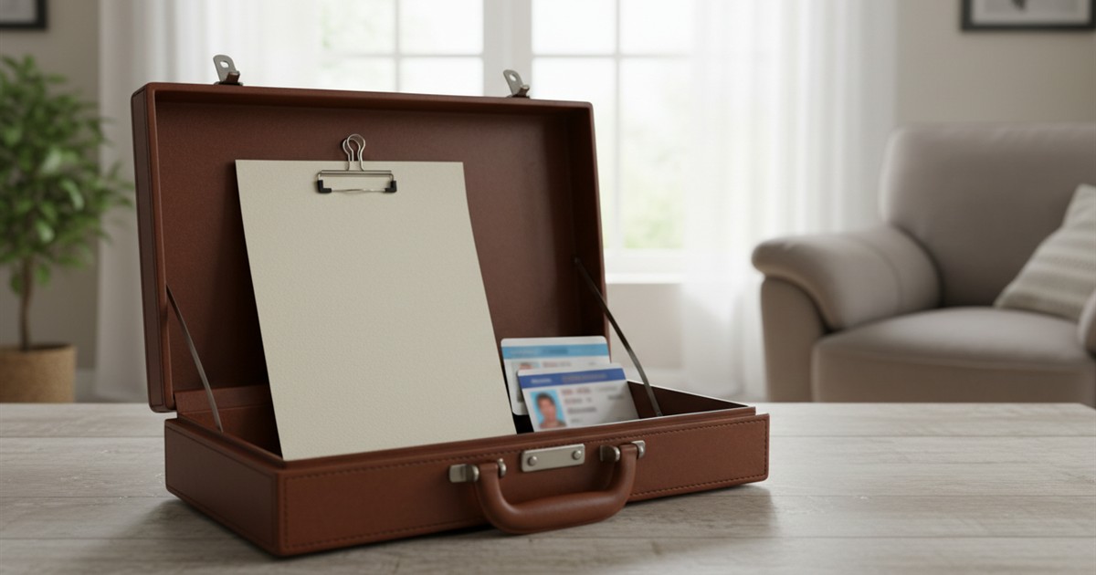 An open briefcase on a light wood table holding a clip of blank paper, with two small plastic cards resting beside it, faces blurred, and soft daylight from a window behind.