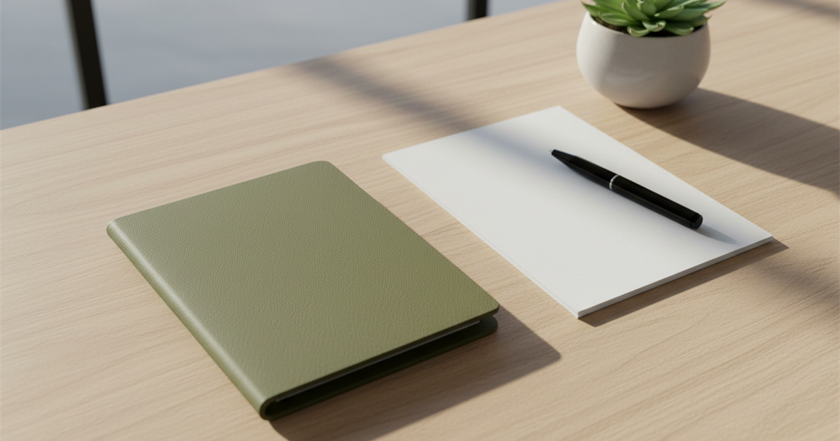 A clean, bright desk scene with a closed olive-green passport-style booklet lying beside a neat stack of blank paper and a black pen, lit with soft morning sunlight.