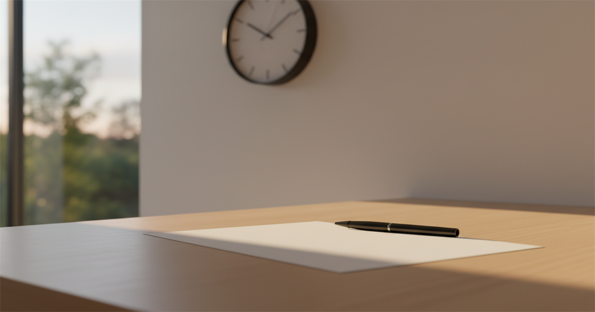 A blank sheet of paper and a black pen on a desk beside a wall clock, suggesting an approaching deadline for signing documents.
