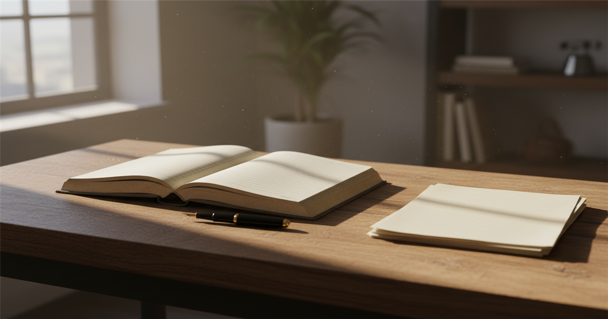 A simple wooden desk with a handwritten-style ledger, a pen, and a small stack of folded papers, lit by soft afternoon light, suggesting a clear and straightforward itemized bill.