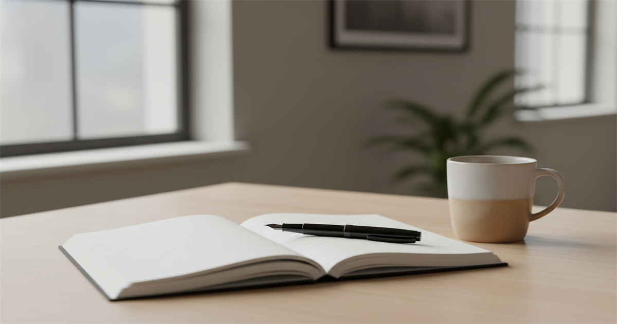 A notary journal and pen resting on a clean wooden desk beside a closed mug, with soft daylight falling across the open blank page.