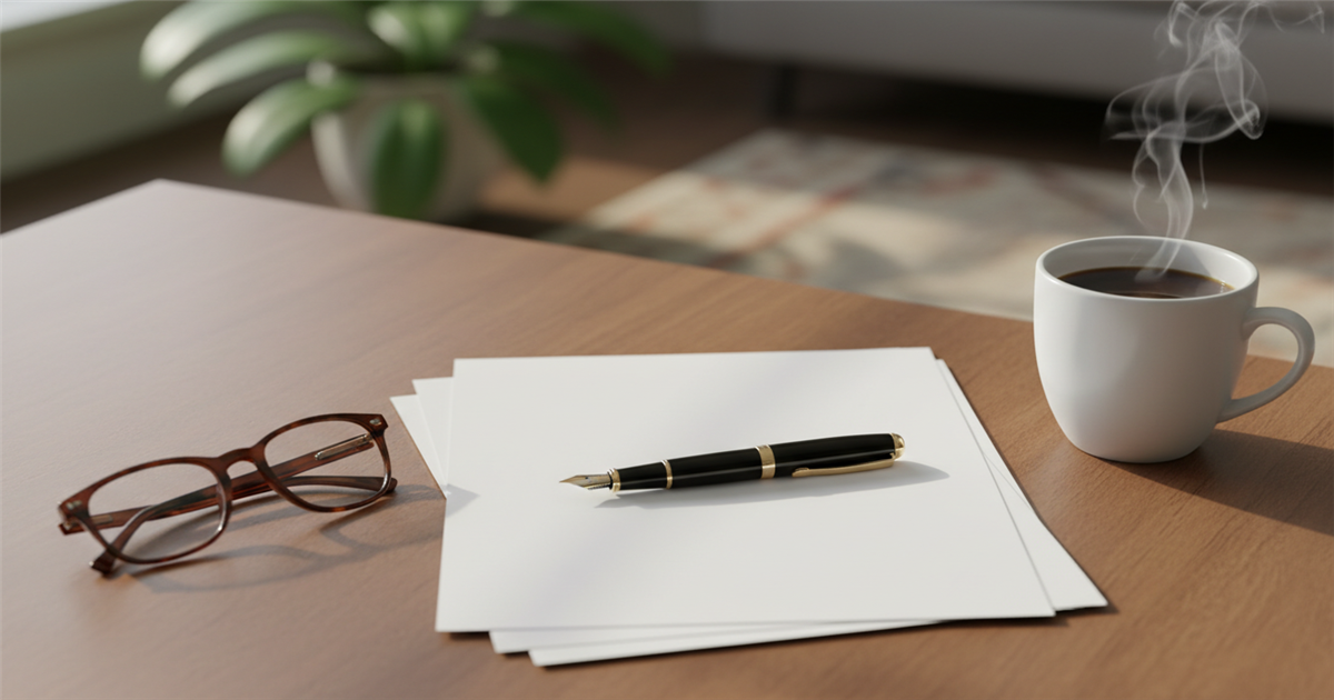 A neat stack of blank papers and a black pen on a wooden desk beside reading glasses and a cup of coffee.