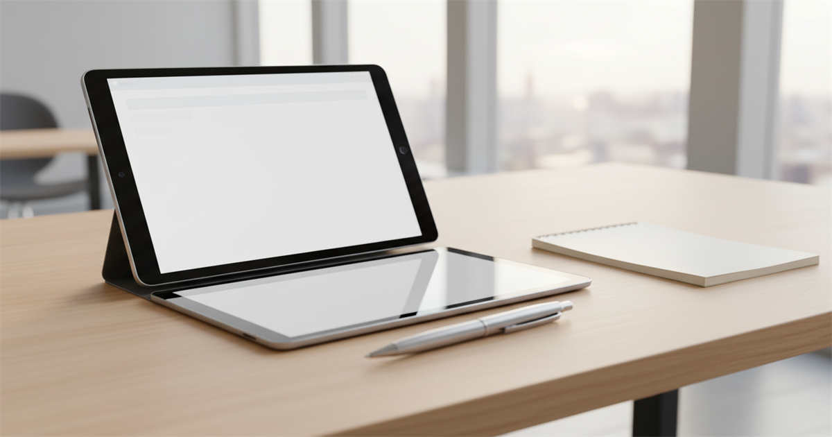 A clean desk with an open tablet showing a digital form, a pen and a small notepad beside it, and a blurred office background with soft natural light.