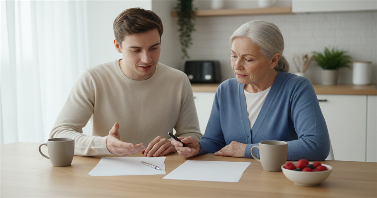 Warm kitchen table scene with two adults reviewing blank paper documents, a pen resting beside them, bright natural window light, no readable text.