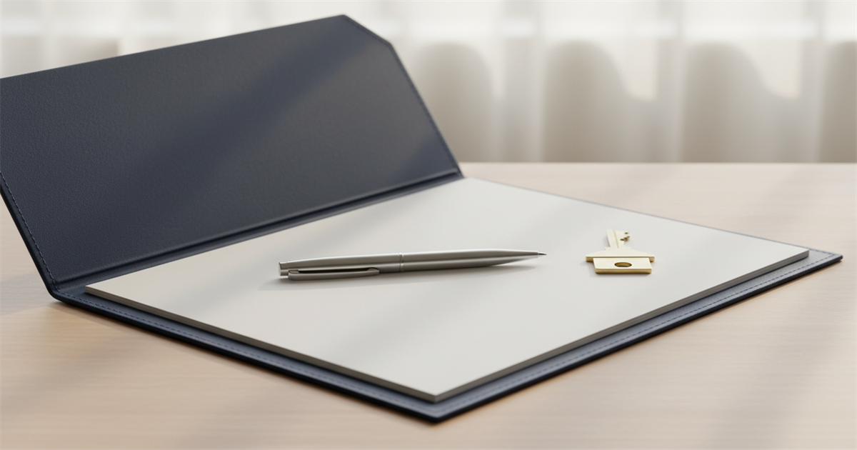 A tidy desk by a bright window with a folded property document, a pen resting on a blank signature line, and a small house key beside it in soft daylight.