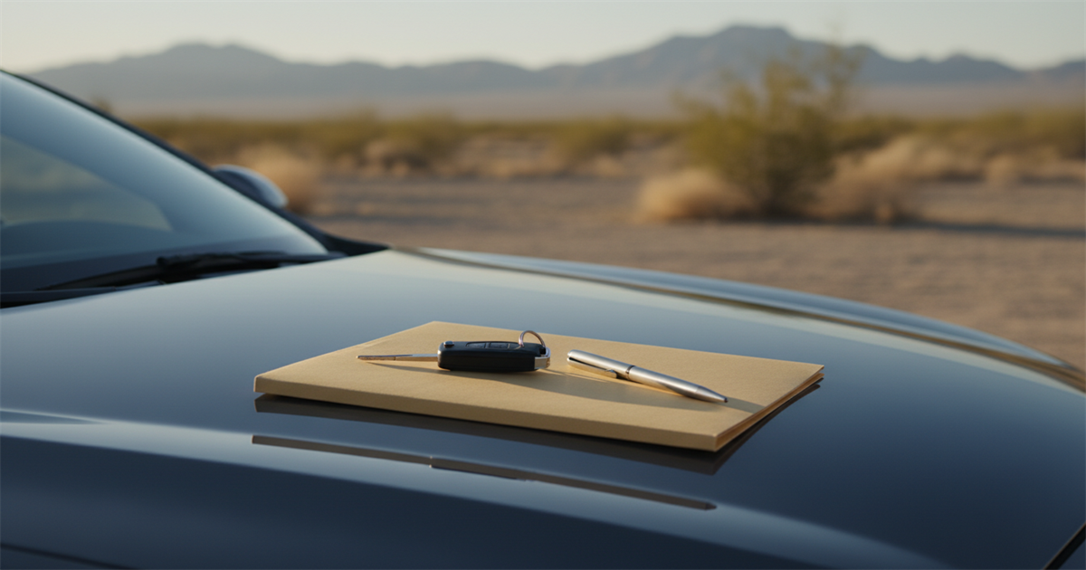 A set of car keys and a pen resting on a closed folder on the hood of a parked car in bright desert daylight.