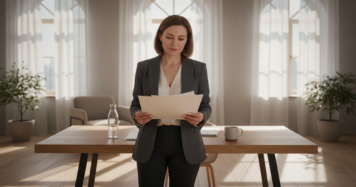 A small business owner in a soft-lit office standing at a desk with a stack of paperwork, warm window light behind them.