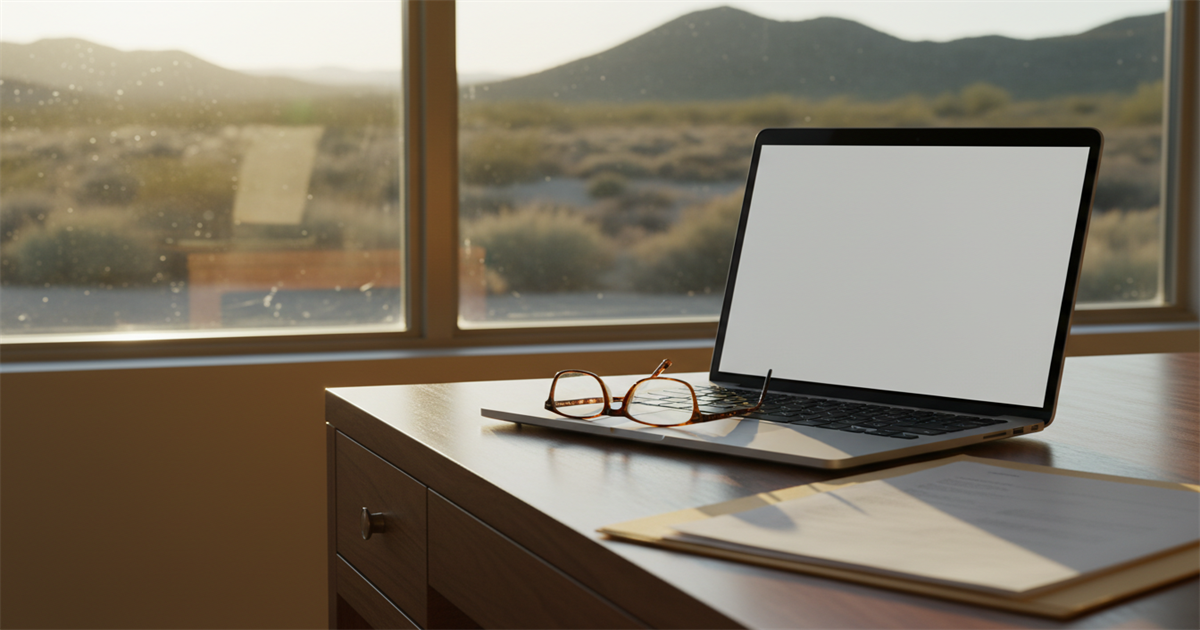 An open laptop and a pair of reading glasses on a sunlit desk beside a window, with green desert shrubs visible outside.