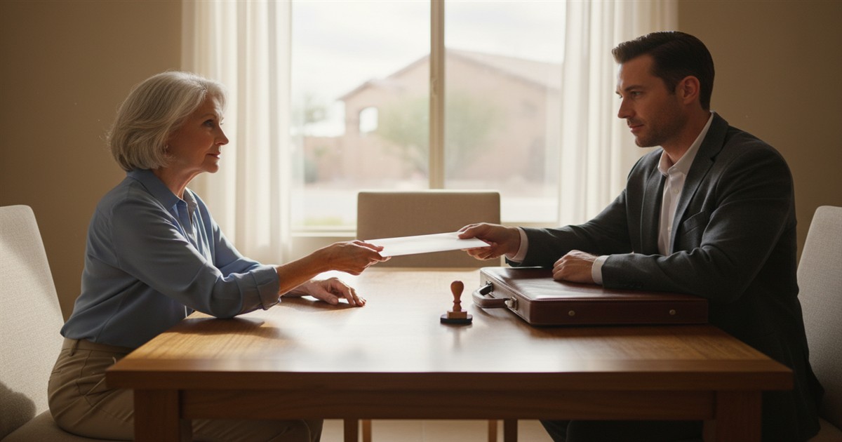 An older adult at a dining table in a bright home handing a folded paper envelope to a professional seated across from them.