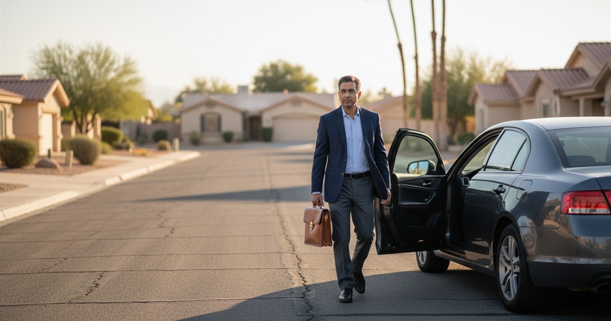 A person with a small bag stepping out of a sedan on a quiet residential street in a desert suburb in early morning light.
