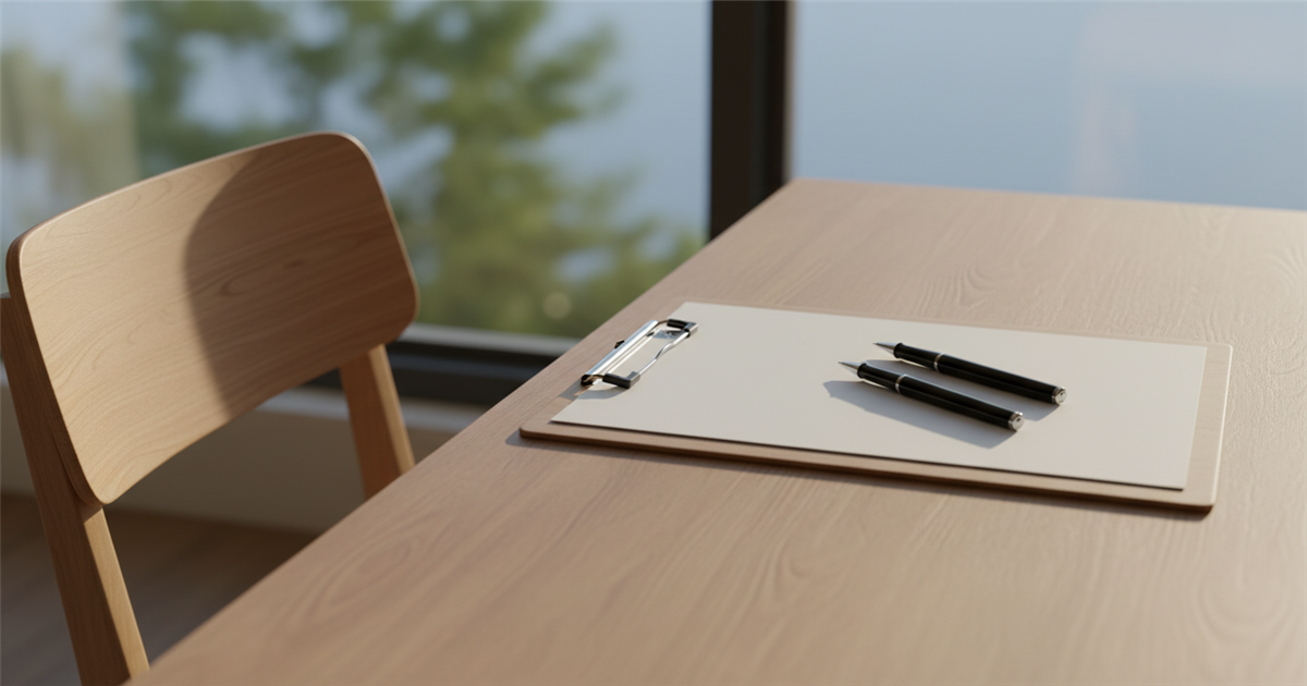 Two black pens resting beside a blank sheet of paper and a wooden clipboard on a sunlit desk, with an empty chair pulled up nearby.