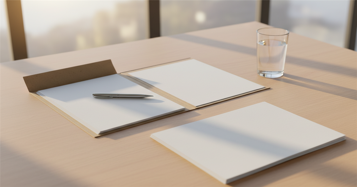 A calm home-office desk with an open folder of papers, a silver pen resting on a blank page, and a softly blurred window in the background with warm afternoon light.