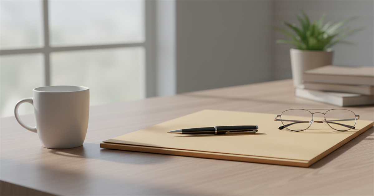A tidy wooden desk with a closed manila folder, a black pen, reading glasses, and a plain coffee mug, lit by soft daylight from a nearby window.