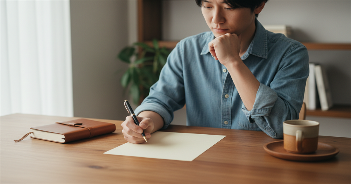 A person pausing to review a paper closely beside a pen and a closed journal on a tidy desk, illustrating careful review before signing an important document.