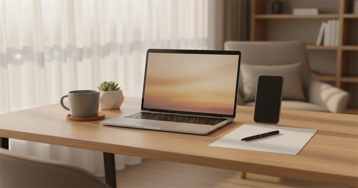 A tidy home office desk at golden hour with a laptop showing a soft blurred glow, an upright phone, a blank sheet of paper, and a black pen.