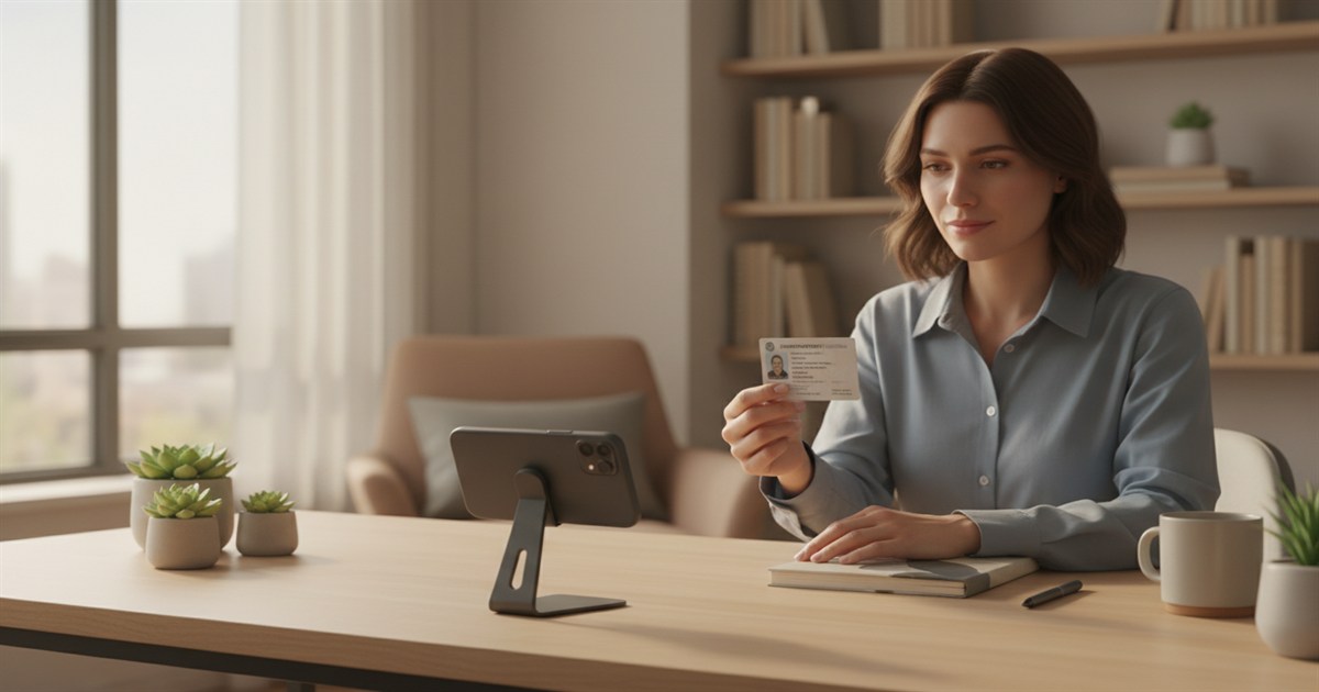 A person seated at a home desk holding up a photo ID card toward a phone propped on a stand, with soft window light and an uncluttered background.