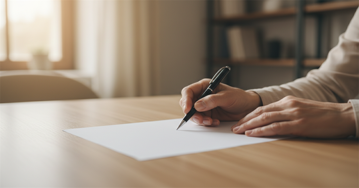 A hand guiding another hand holding a pen over a blank sheet of paper on a wooden table, lit by soft daylight from a nearby window.