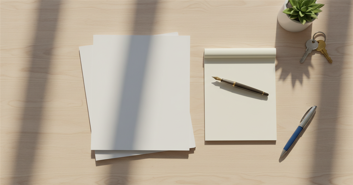 Bright city desk scene with a neat stack of property papers, a blank notepad, a pen, small house keys, and a tiny green plant, lit by soft warm window light.