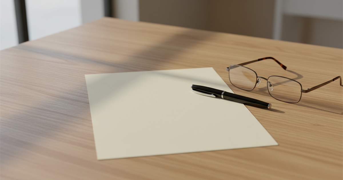 A blank unsigned sheet of paper on a wooden desk with a black pen resting beside it and reading glasses off to the side in soft daylight.