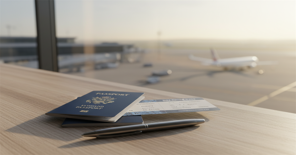 Two open passports and a boarding pass resting beside a pen on a table with a soft-focus airport window in the background.