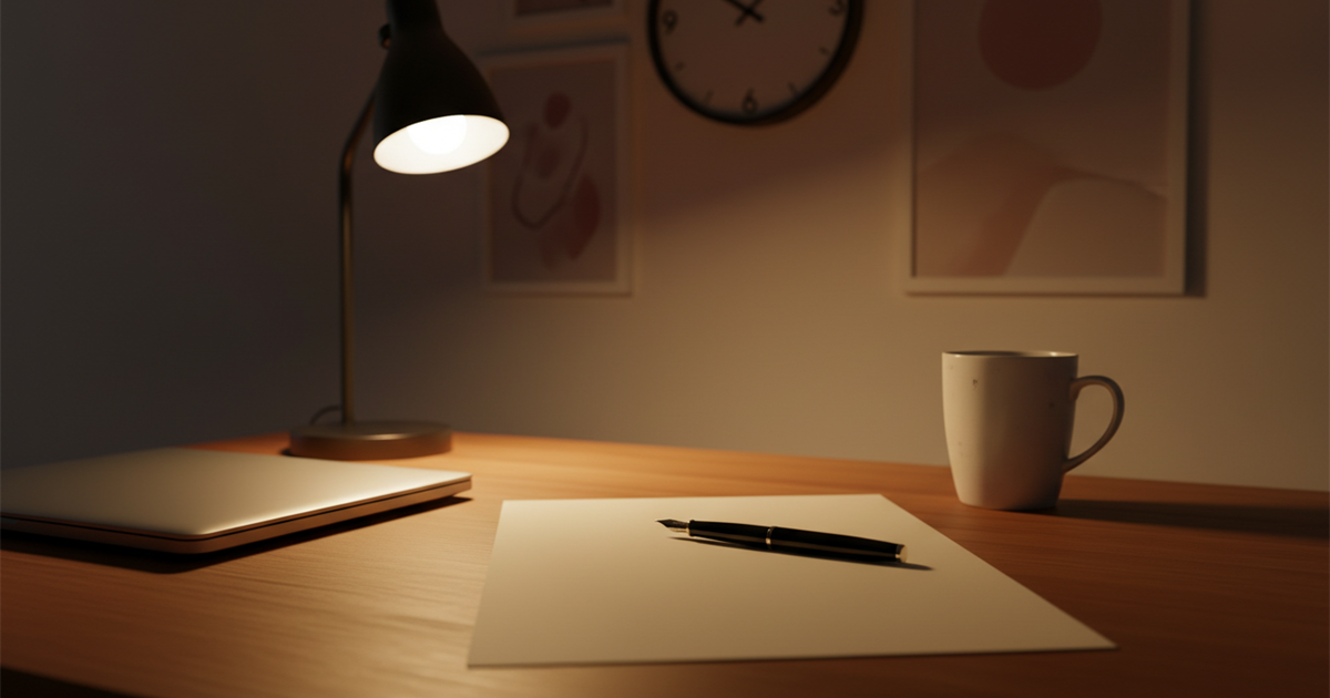 A home office desk in the early evening with a closed laptop, a blank document, a pen, a desk lamp switched on, and a clock on the wall.