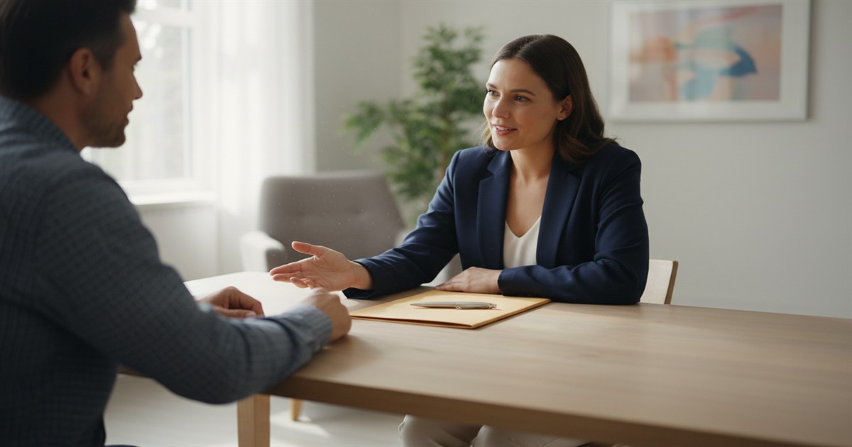 A notary in business-casual attire seated at a light wood table listening to a client who is gesturing while explaining a situation in a bright home office.