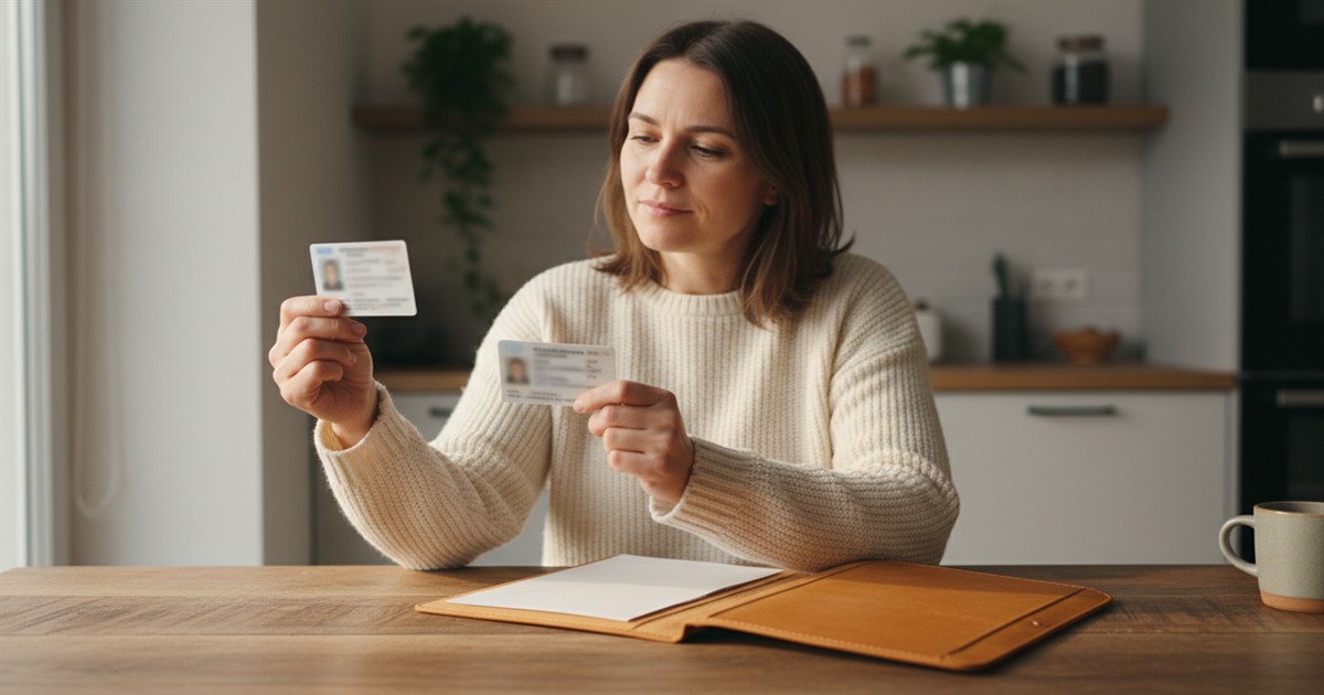 A person sitting at a kitchen table in soft window light, holding up a photo ID card beside a folder and pen, comparing details before an appointment.