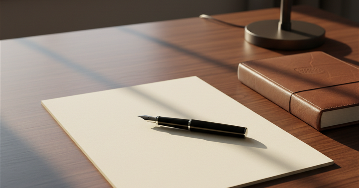 A clean desktop with a signed paper, a pen, and a closed journal near soft window light, conveying the idea of an official, trustworthy signing moment.
