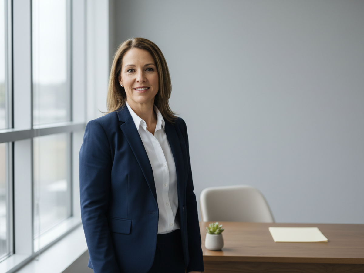 A professional notary standing confidently in a bright, simple office setting.