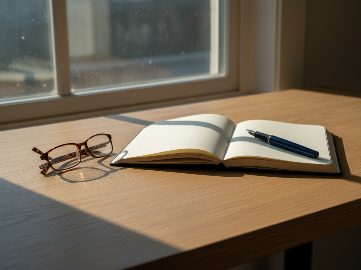 An open notebook and reading glasses on a desk beside a window.