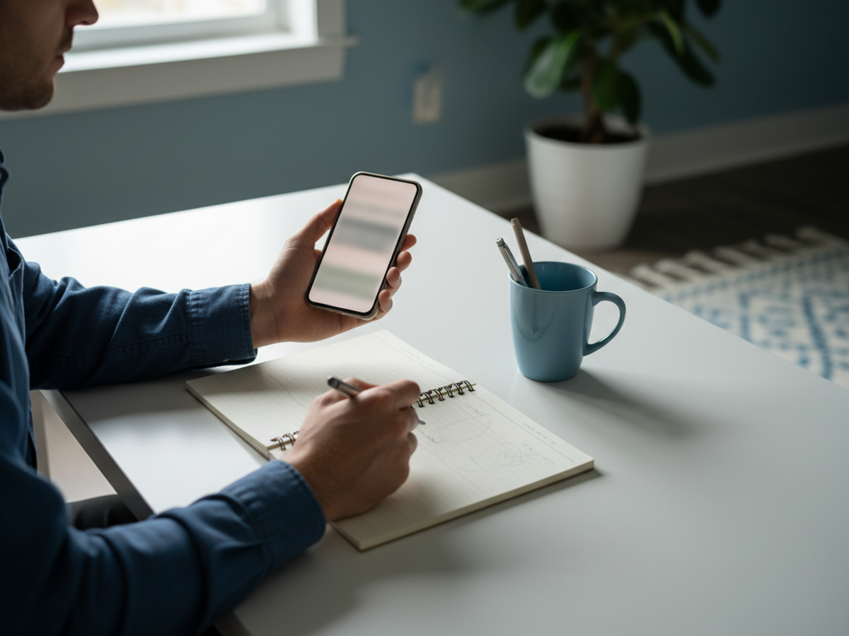 A person scheduling a notary appointment on a phone at a bright desk.