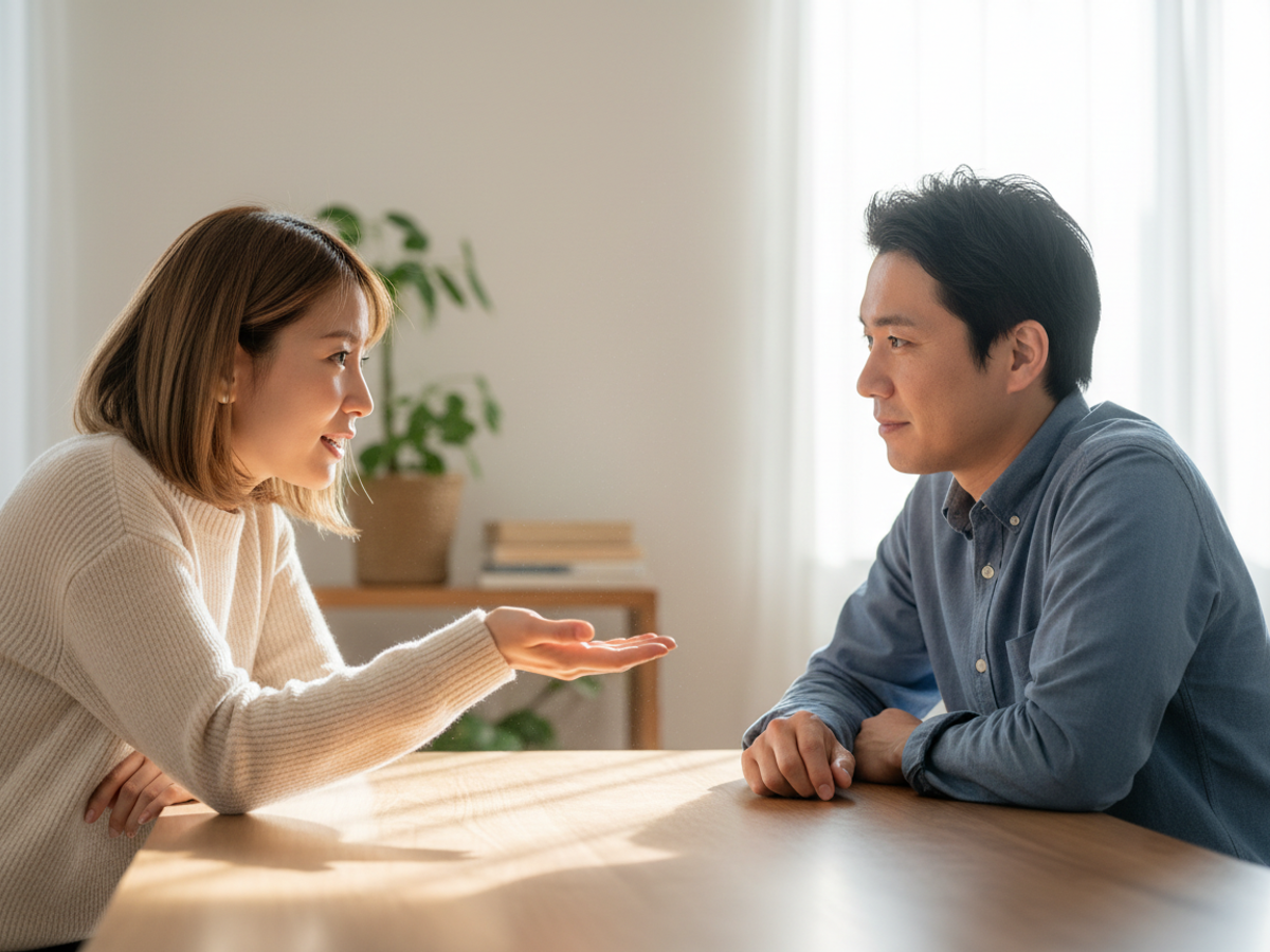 A notary answering a question for a client during a relaxed conversation.