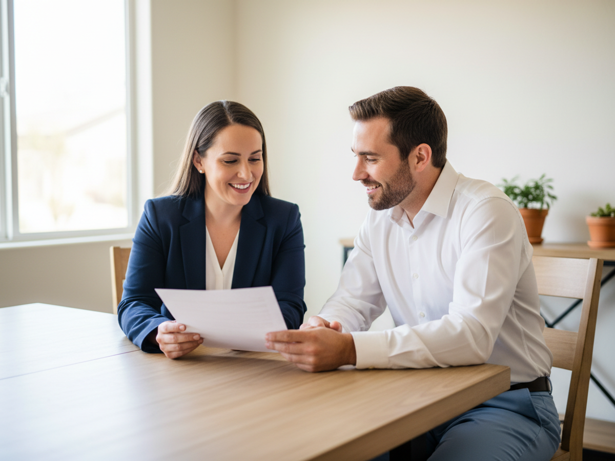 A notary public reviewing a document with a client at a table in a bright Nevada home office.