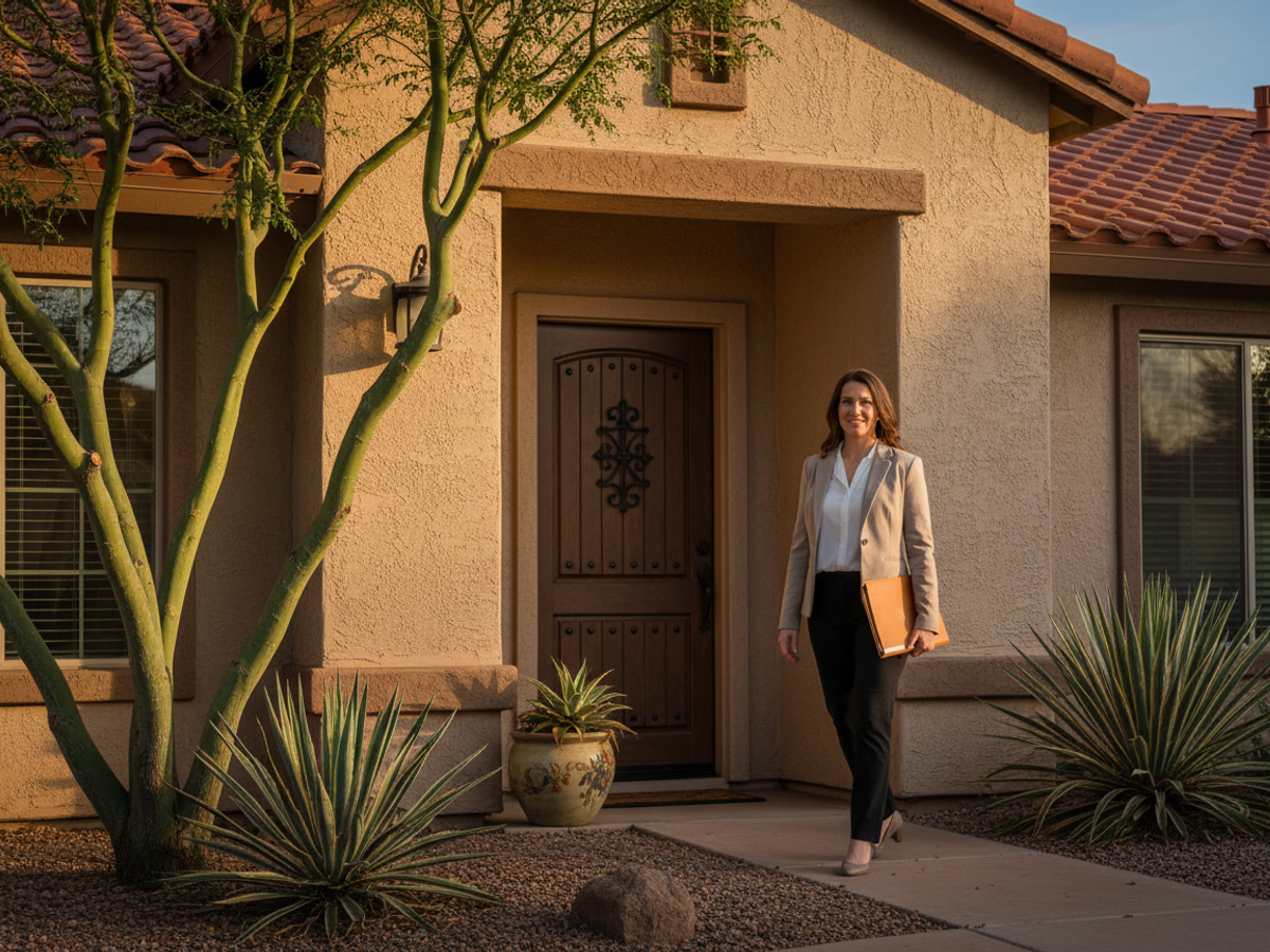 A mobile notary arriving at a client home in the Las Vegas area with a document folder.