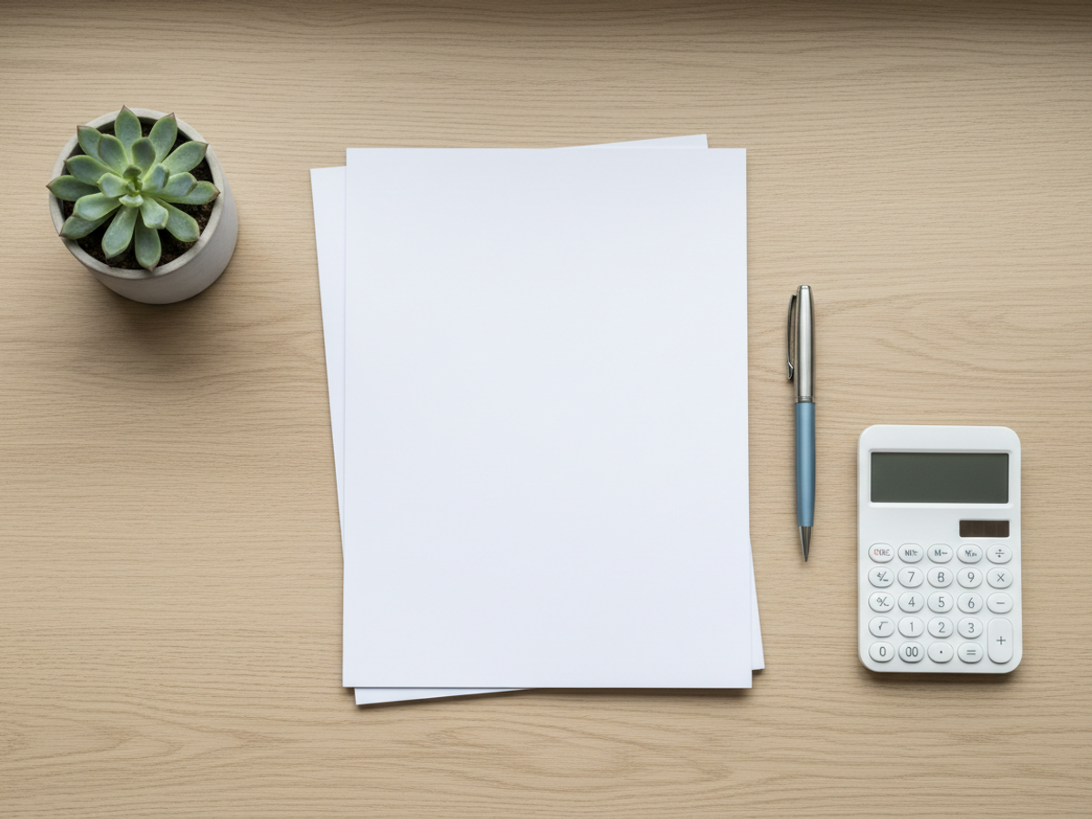 A clean desk with a document, pen and calculator representing transparent notary fees.