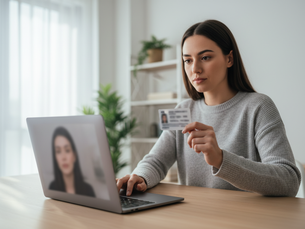 A person at a laptop joining a secure video notarization session from home.