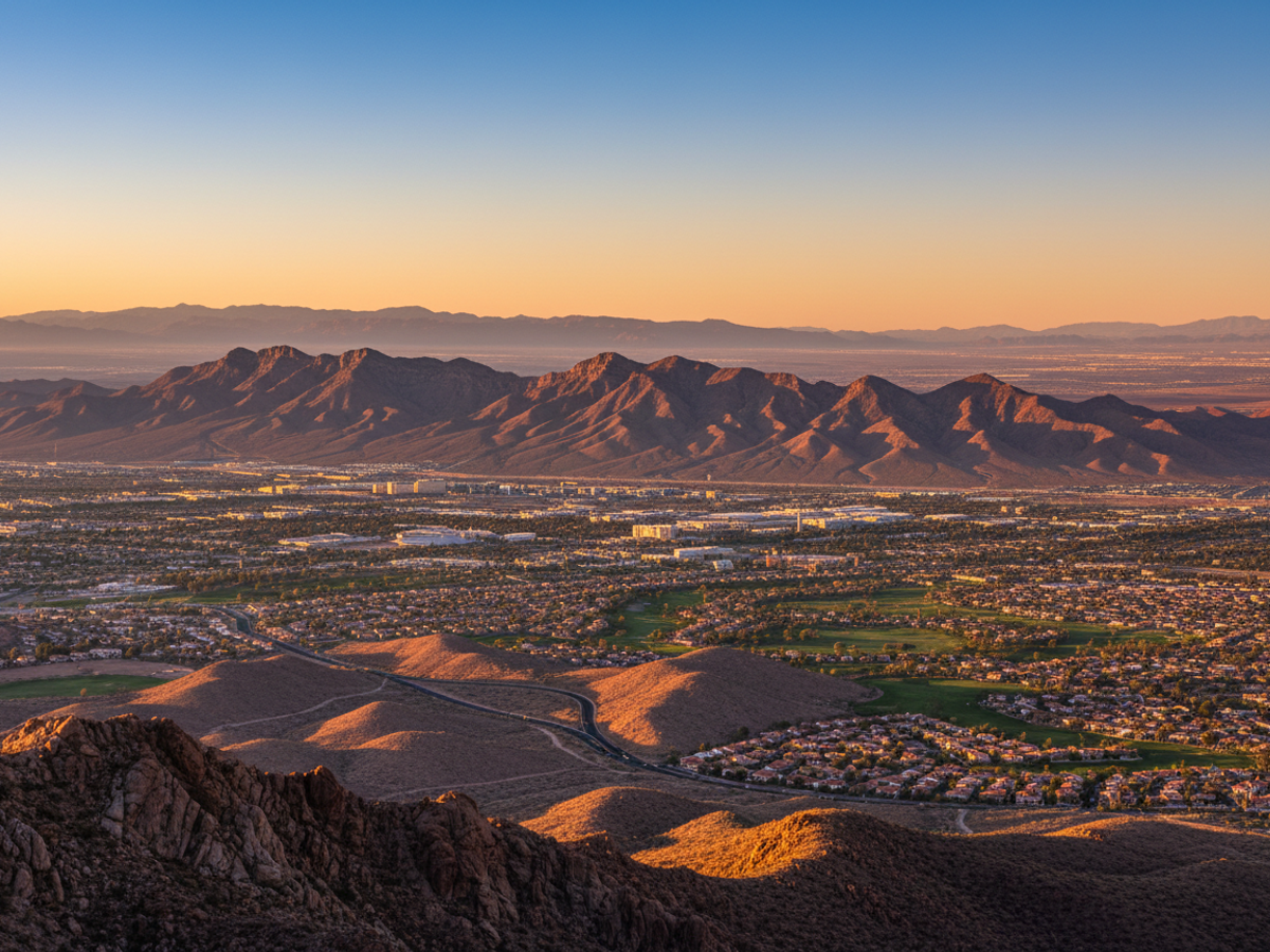 A wide view of the Las Vegas valley with desert mountains at golden hour.