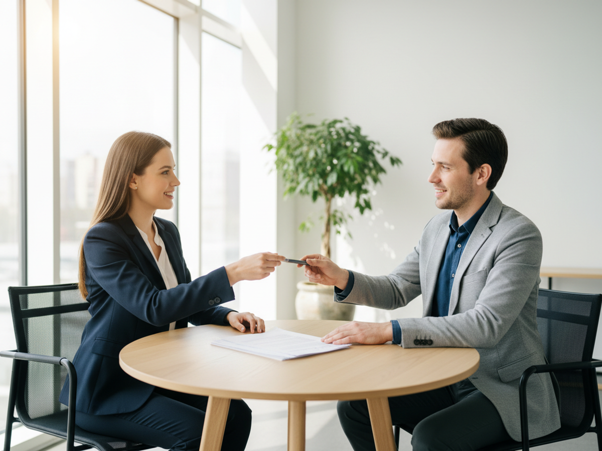 A notary and a client completing paperwork across a table at a bright meeting location.